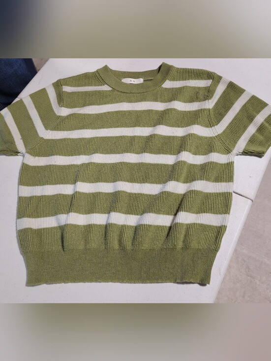 R N B Sweaters - RN Striped Crewneck Sweater in Olive Green & White
